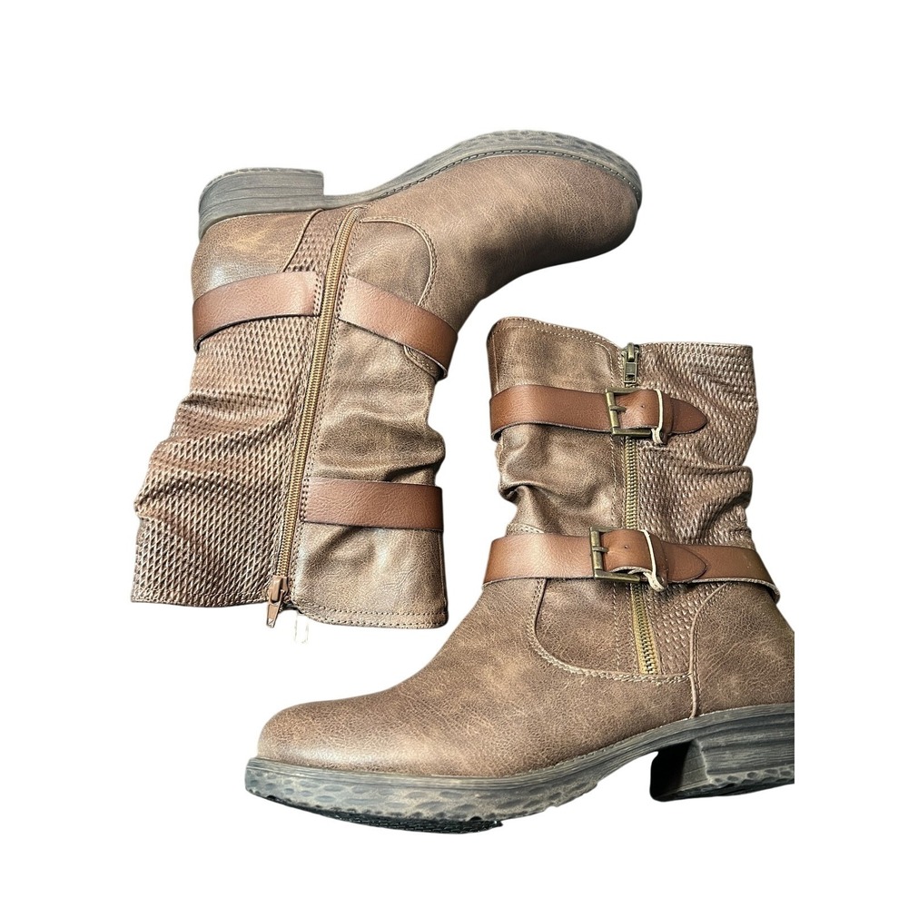 Jellypop Women's US 10 Ankle Boots Brown Moto Biker Buckle Zipper Distressed
